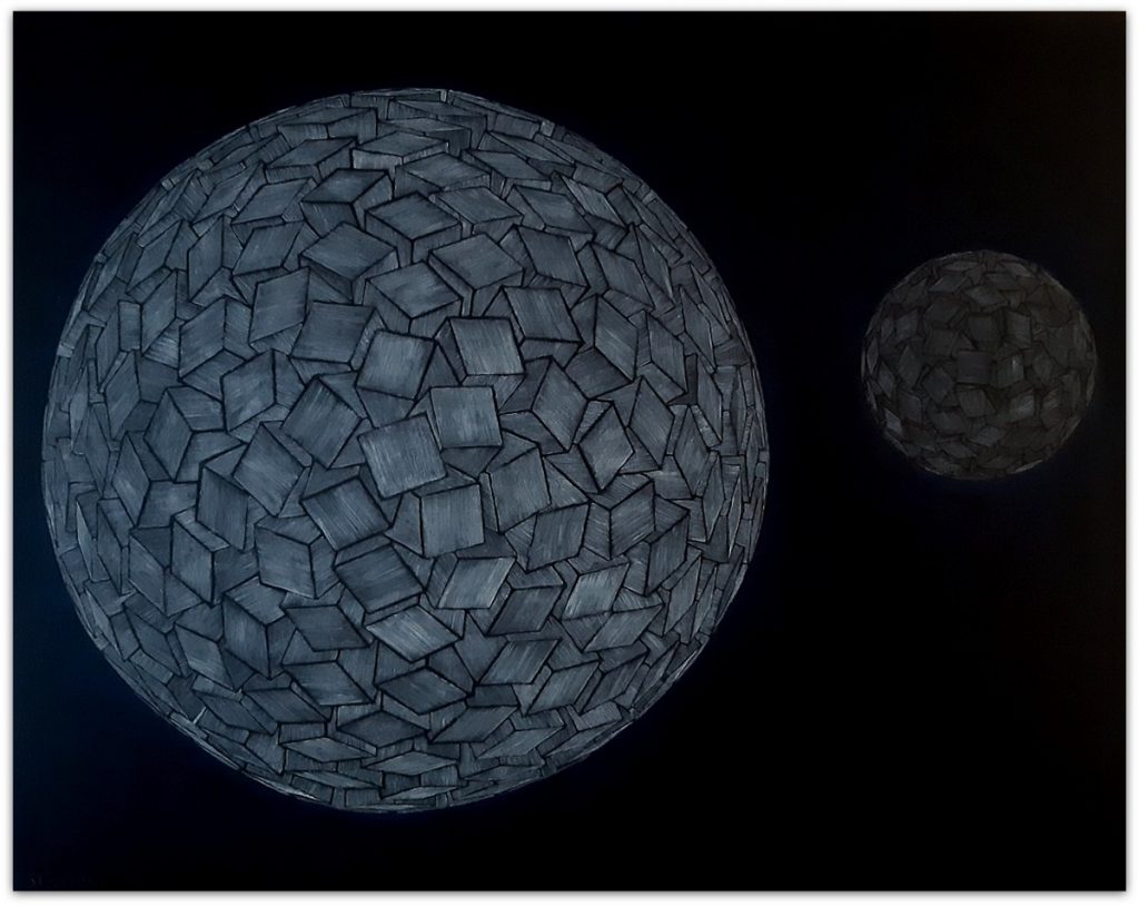 Planeten in donker heelal op abstracte wijze met kubussen